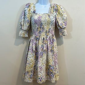 1. State Floral Puff Sleeve Dress - White, Yellow, Purple